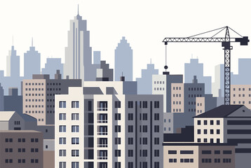 Fototapeta premium Modern city skyline showcases tall skyscrapers and urban buildings under a clear sky with a construction crane working on a new project.