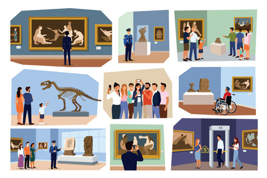 Diverse group of people visits a modern museum to admire classic paintings, historical sculptures, and a large dinosaur skeleton exhibit.