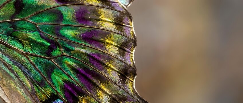 Macro close-up of iridescent insect wing showing vibrant green, purple, and yellow structural coloration with detailed membrane texture and veining patterns.