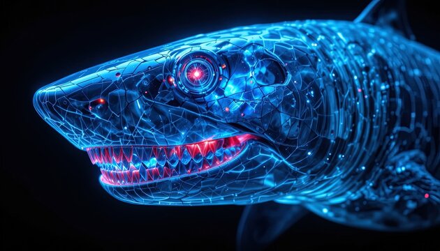 Futuristic metallic predator with glowing red eyes and teeth swims in darkness.