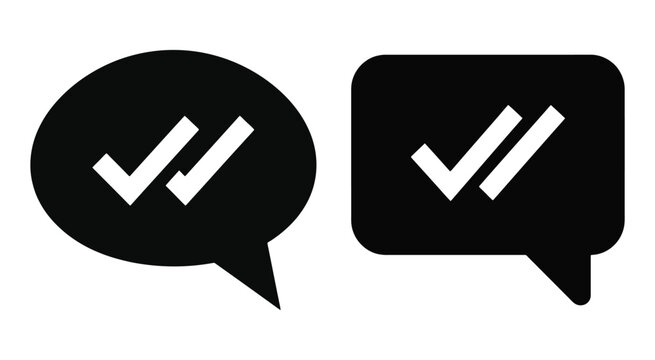 Black speech bubble icons with double check mark symbols for chat communication