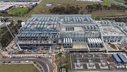 Aerial view large scale data center infrastructure construction © GoAerials
