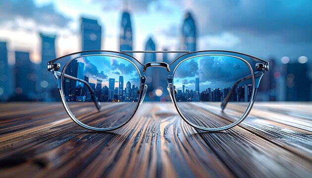 Glass sphere reflecting futuristic city skyline on wooden table.