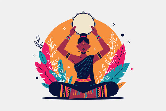 Graceful Indian woman in traditional attire sitting in a lotus position and playing a tambourine against a vibrant circular background.