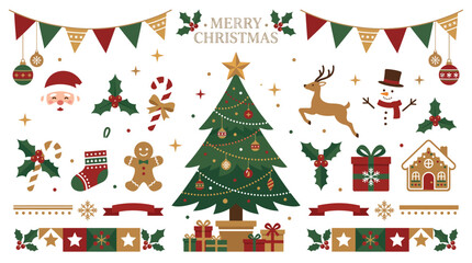 Fototapeta premium Adobe IllustratDecorative christmas collection featuring a central pine tree with festive ornaments and traditional holiday iconsor Artwork