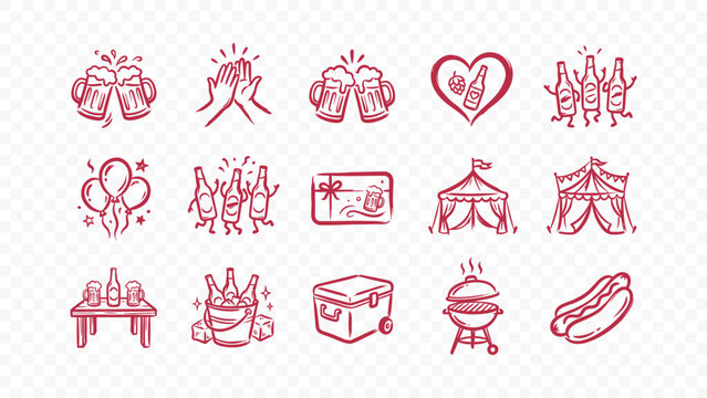 doodle handmade ink scribble flat line art vector illustration icon bundle set calligraphy drawing design outdoor party bbq tent grill balloons table celebration garden fun leisure