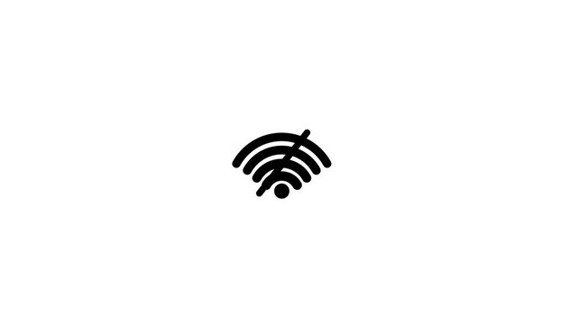 Black no.w i f i. icon animation showing disconnected signal on white background.video...
