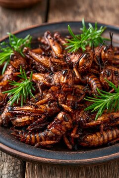 Fried grasshoppers with rosemary, traditional mexican chapulines snack