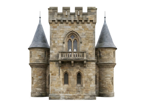 Detailed medieval stone castle tower featuring pointed turrets and a stone balcony facade isolated on transparent background