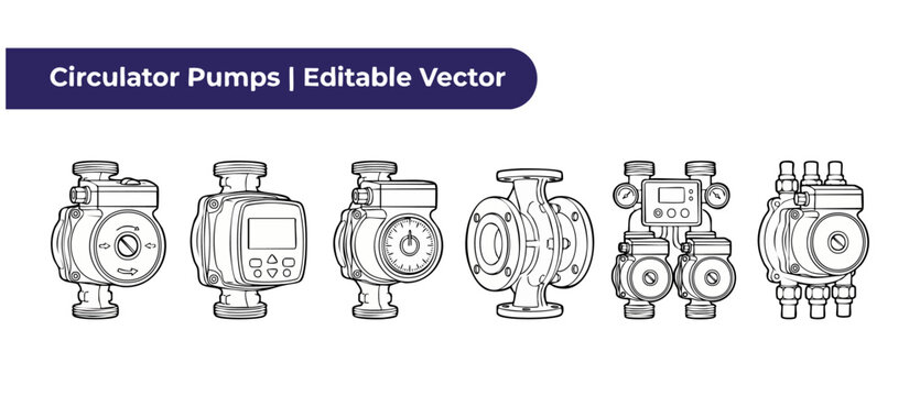 Circulator pump vector line icons of heating system water pumps with digital control panel, pressure gauges, and plumbing valves for industrial mechanical engineering equipment diagrams.
