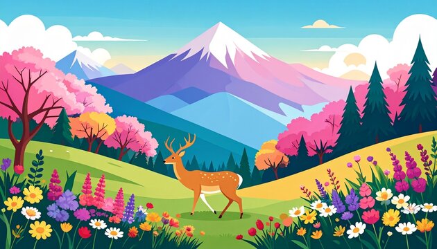 Vibrant spring landscape with blooming flowers and mountains.