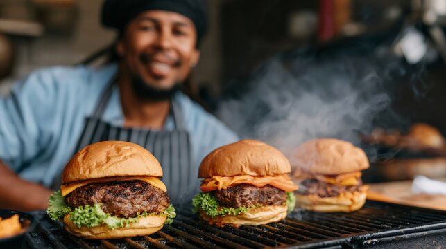 Chef grilling street food cheeseburgers on barbecue