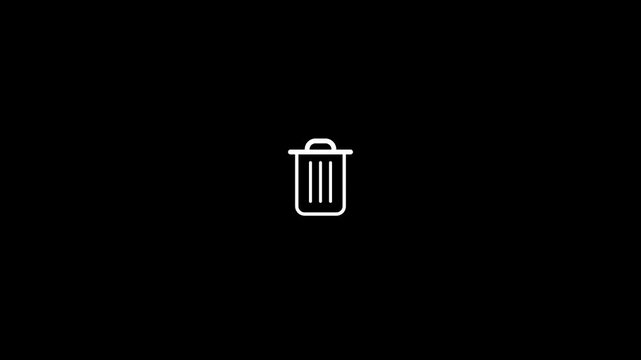 White outline trash can icon animation isolated on black background.animation...