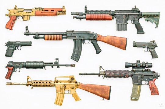 Displaying a collection of various firearms, pistols, and rifles