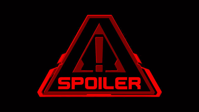 Red neon spoiler alert sign with exclamation mark triangle warning symbol
