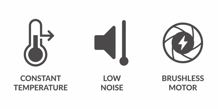 Three icons for constant temperature low noise and brushless motor features