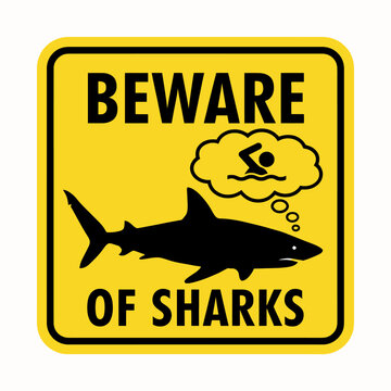 Yellow warning sign with shark and swimming man thought bubble