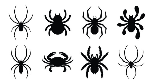 Set of black spider silhouettes and a crab icon collection for halloween design Vector