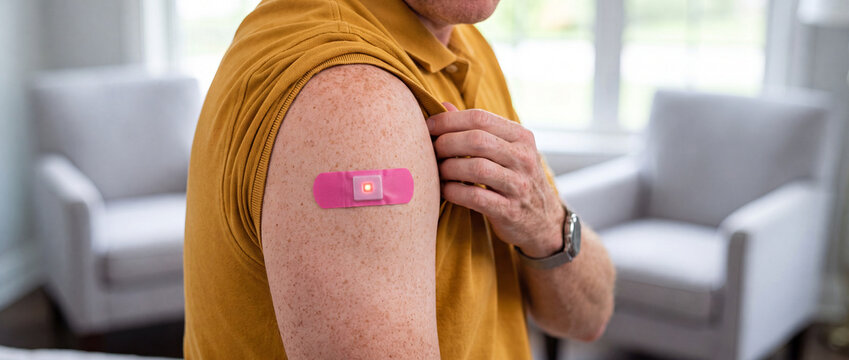 Man with pink bandage on arm after vaccination with he touching bandage his other hand which small glowing patch center wearing yellow shirt furniture shoulder with freckles