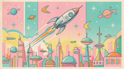 Fototapeta premium Retro-Futuristic Cityscape with Rocket Launch