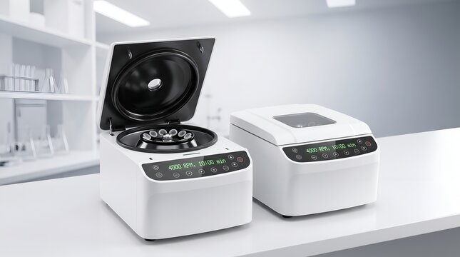 Laboratory centrifuges on a countertop in a lab
