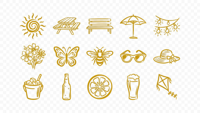 doodle handmade ink scribble flat line art vector illustration icon bundle set calligraphy drawing design summer garden outdoor picnic spring lifestyle nature bee flower sun leisure grass bench