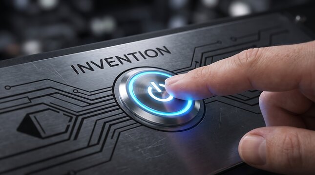 Innovation concept finger pressing illuminated power button on circuit board