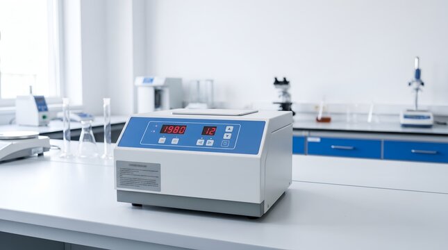 Laboratory thermal cycler machine on cleanroom counter with digital display