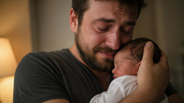 A single dad with clinical depression hugging his newborn baby tightly, unhidden skin texture, authentic tears of relief, warm light.