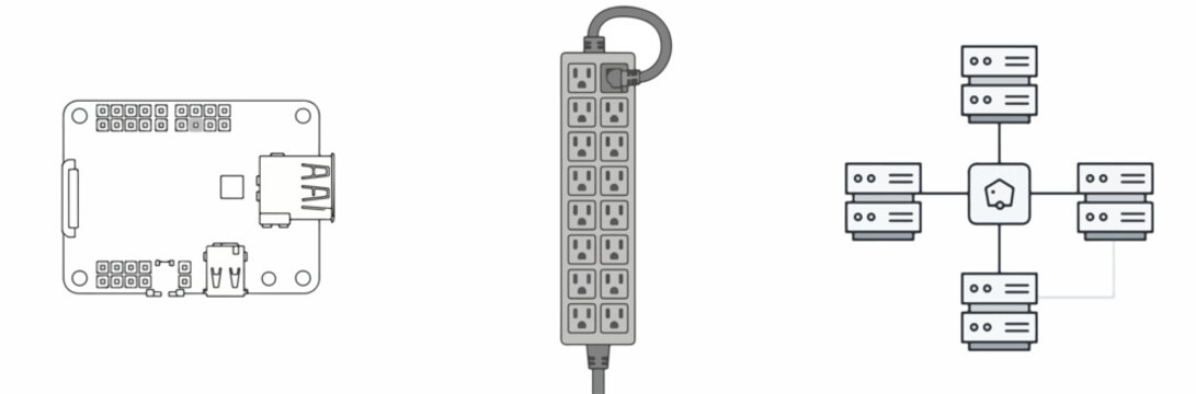 Modern tech hub with microcontroller board, power strip, and network servers