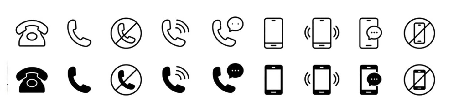 Phone icon set. Contact us symbol. Telephone call sign. Cell phone, ringing phone pictogram isolated on white background. Vector illustration