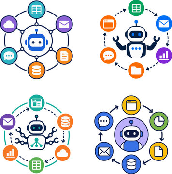 Cartoon friendly chatbot robot icon set.