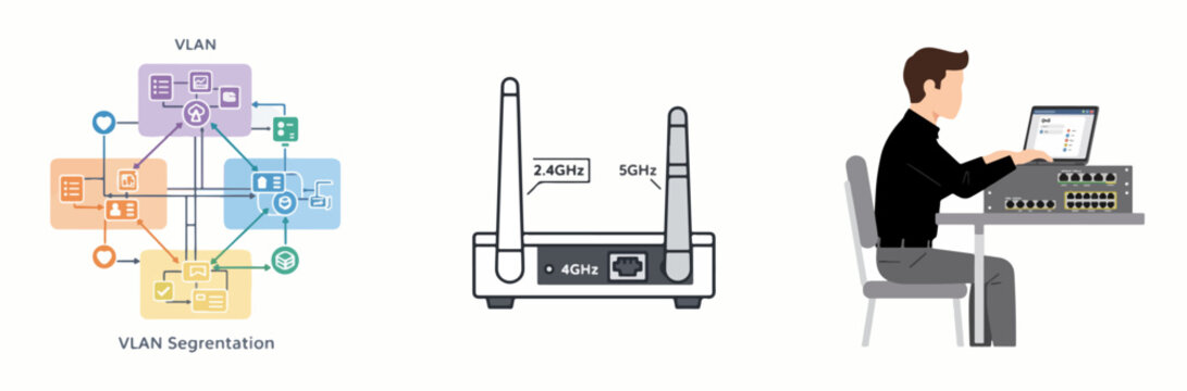 Network Administrator Configuring Dual-Band Wireless Router with VLAN Segmentation
