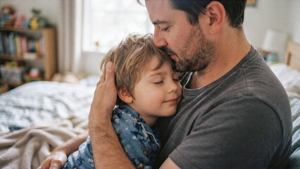 Fototapeta premium A child with developmental delays resting its head against his father warm neck, feeling completely safe, soft bedroom light.