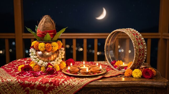 Karva Chauth, sacred kalash adorned with fresh flowers beside glowing diyas and a beautifully decorated ceremonial sieve under soft moonlight, luxurious red and gold festive setting