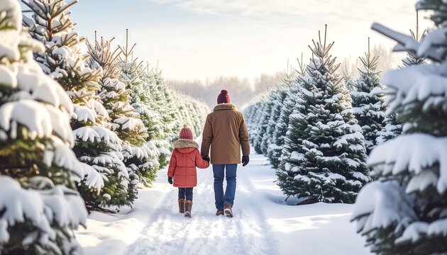 A heartwarming winter scene of an adult and child walking down a snowy path between two rows of snow-covered evergreen trees