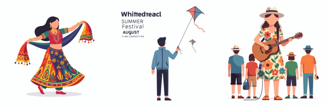 Colorful summer festival with dancing woman and kite flying family