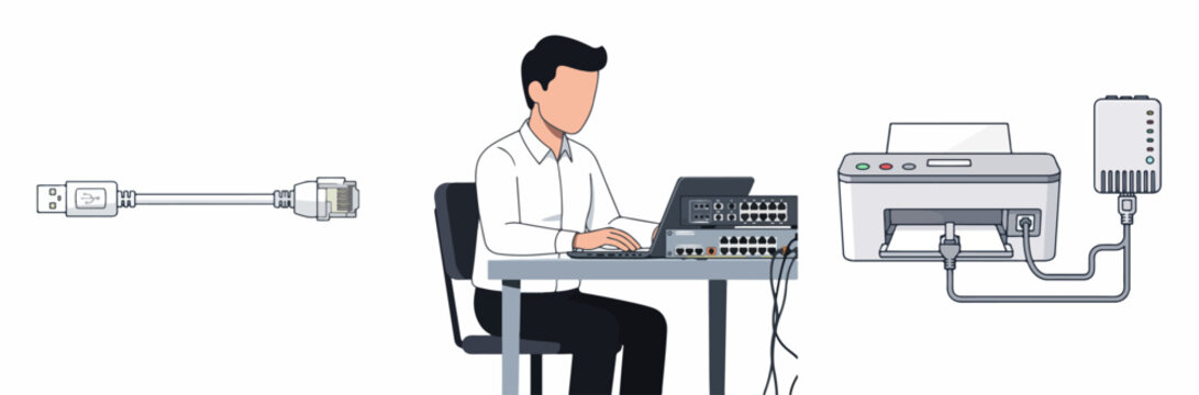 Professional working with USB to Ethernet adapter and printer via USB hub