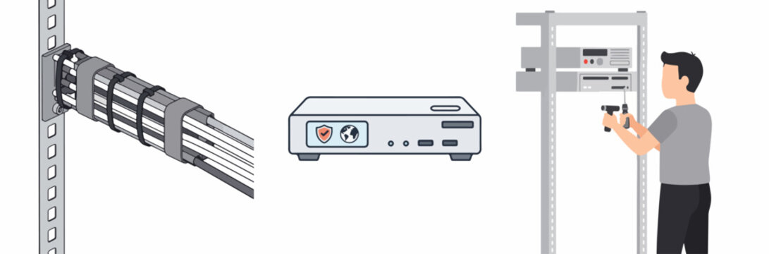 Network technician managing server rack and UPS installation