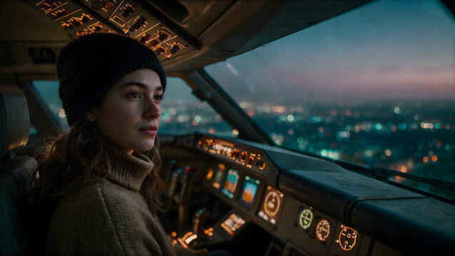 Passenger gazing through an aircraft window at the sprawling cityscape during twilight