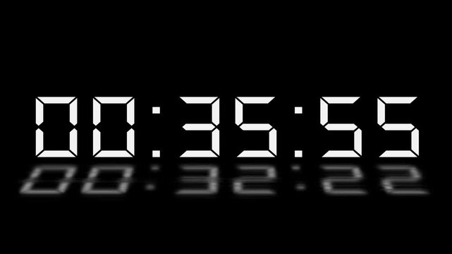 Digital 36 minute Countdown. Digital 36 to 35 minute Countdown timer on black background. Digital Countdown timer from 36 minute to 35 minute suitable for presentations, educational 4k video