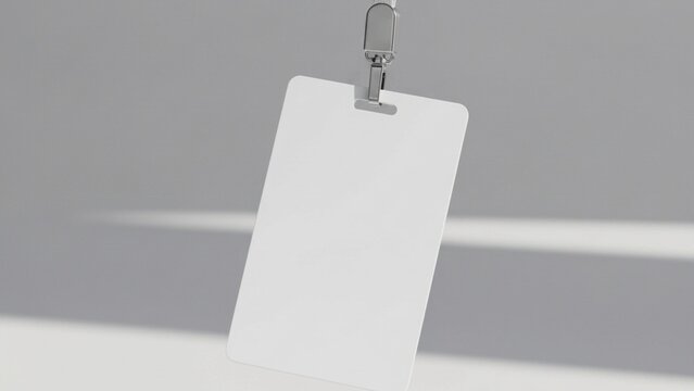 Blank ID card holder mockup with metal clip, white plastic lanyard badge template for corporate identification, access pass, or event exhibition, isolated 3d render.