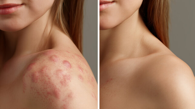 Before and After Body Acne Treatment Comparison, Clear Healthy Skin Recovery, Professional Dermatology Care Concept