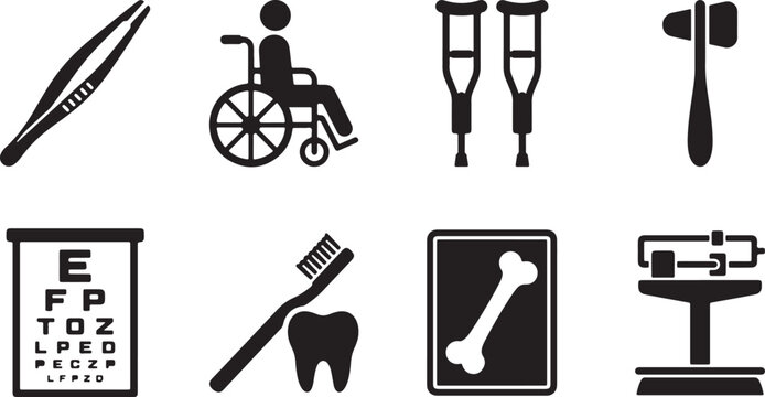 Set of black medical health and healthcare equipment icons for hospital and doctor clinic use