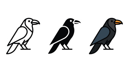Obraz premium Set of three crow bird icons in flat style and line art design Vector