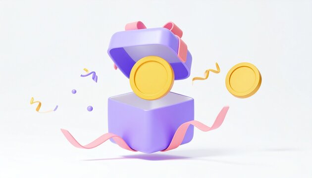 3D Open gift box with floating gold coin and serpentine ribbon. Cash surprise box. Money prize reward. Loyalty program concept. Cartoon creative design icon isolated on white background