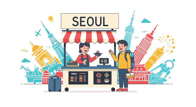 Colorful illustration of Seoul city landmarks and people.