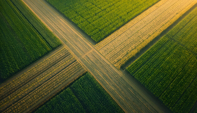 Aerial top-down drone photograph of multiple agricultural fields with green and brown crops divided by narrow curved paths, generative AI landscape pattern