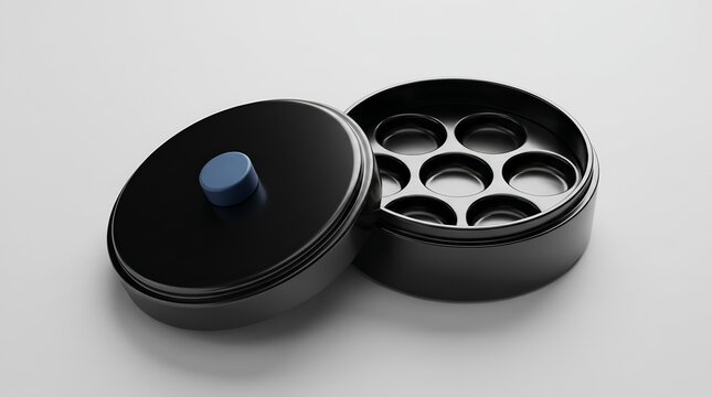 Black camera lens filter set with blue button on reflective surface