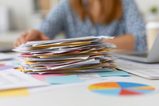 Focused woman sits at desk with towering stack of mail. She appears calm despite the volume of paperwork. Charts and graphs rest nearby, hinting at data analysis